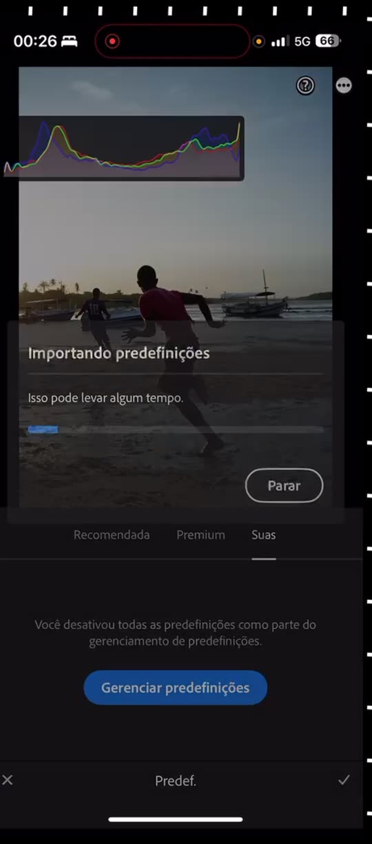 Lightroom Mobile exibindo o aviso Importando predefinições